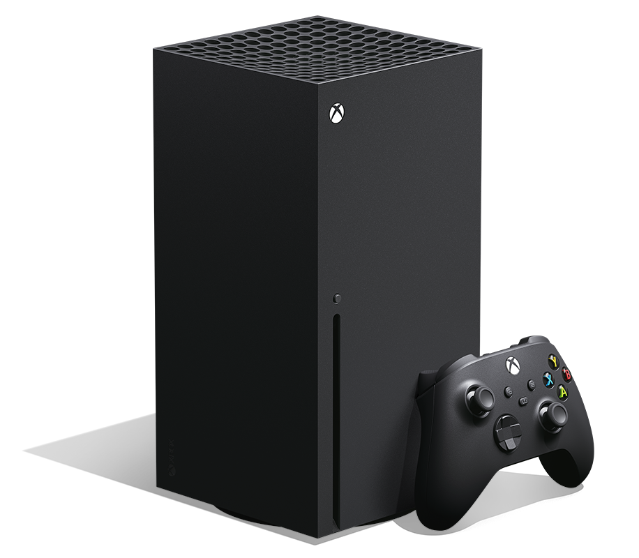 세로로 세운 검은색 Xbox Series X 1TB 디스크 모델과 검은색 무선 컨트롤러