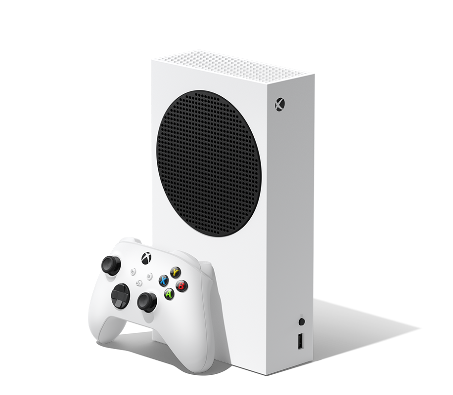 검은색 원형 통풍구가 있는 흰색 Xbox Series S 512GB 모델과 흰색 무선 컨트롤러