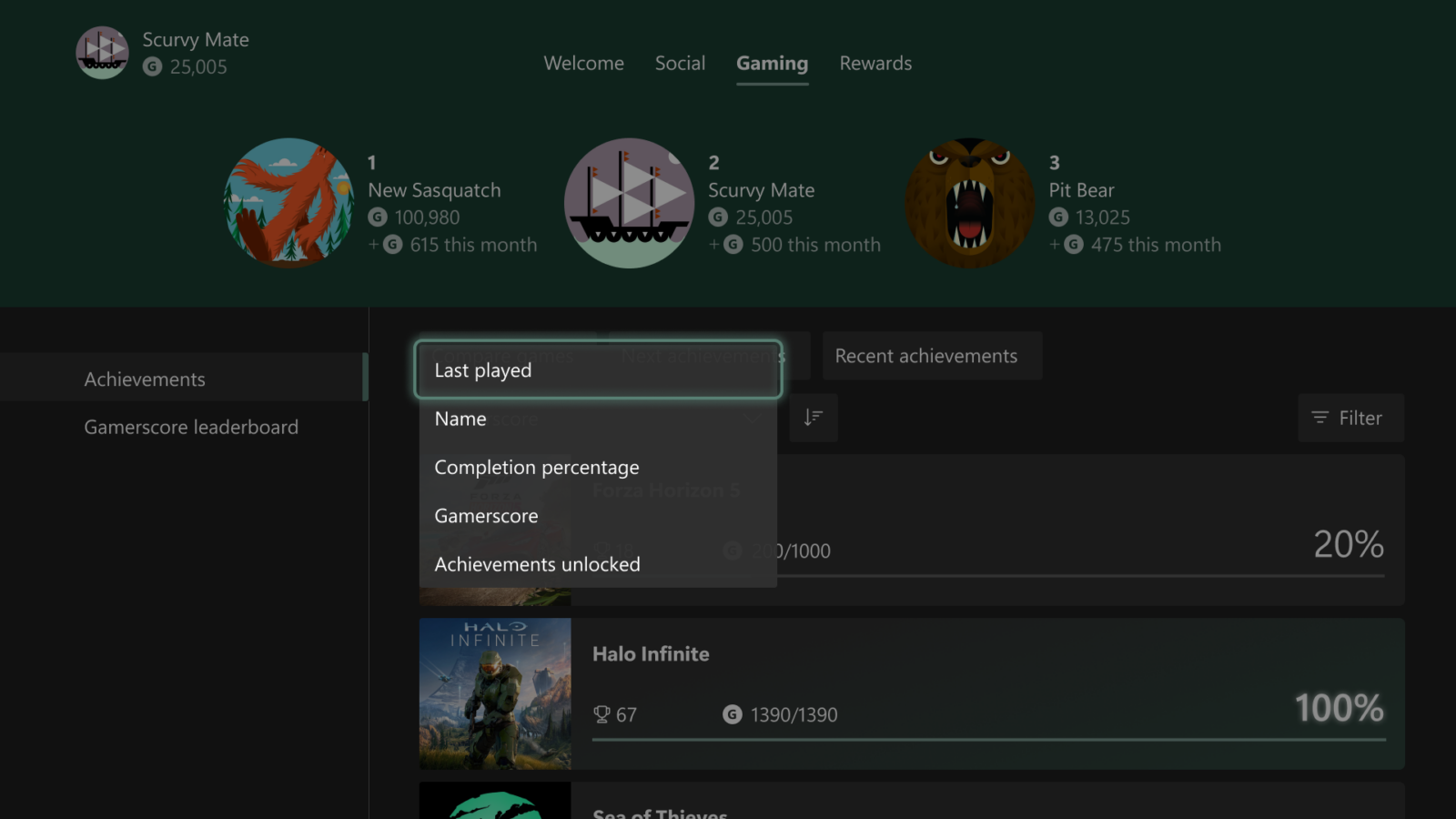 Xbox 업적 기록을 최근 플레이, 이름, 완료율, Gamerscore와 해제 수로 정렬하는 메뉴