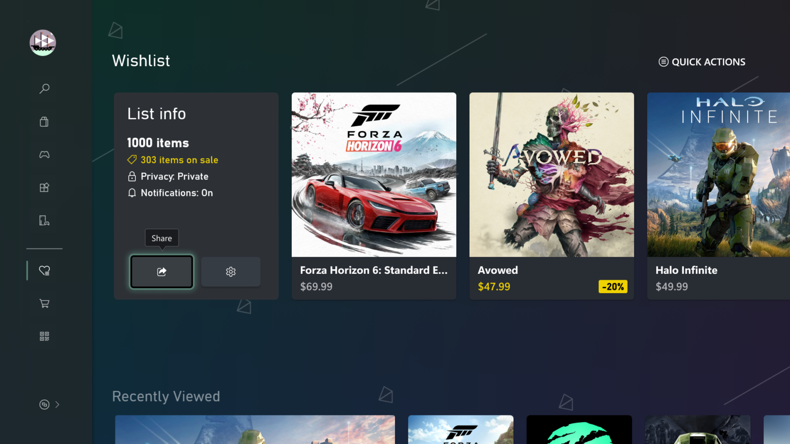 최대 1,000개 항목과 할인 중인 게임 수를 표시하는 Xbox 위시리스트 화면